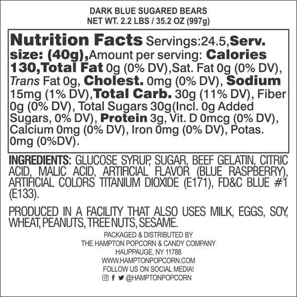 Dark blue gummy bears close-up showing vivid blue raspberry flavor and sugared coating.