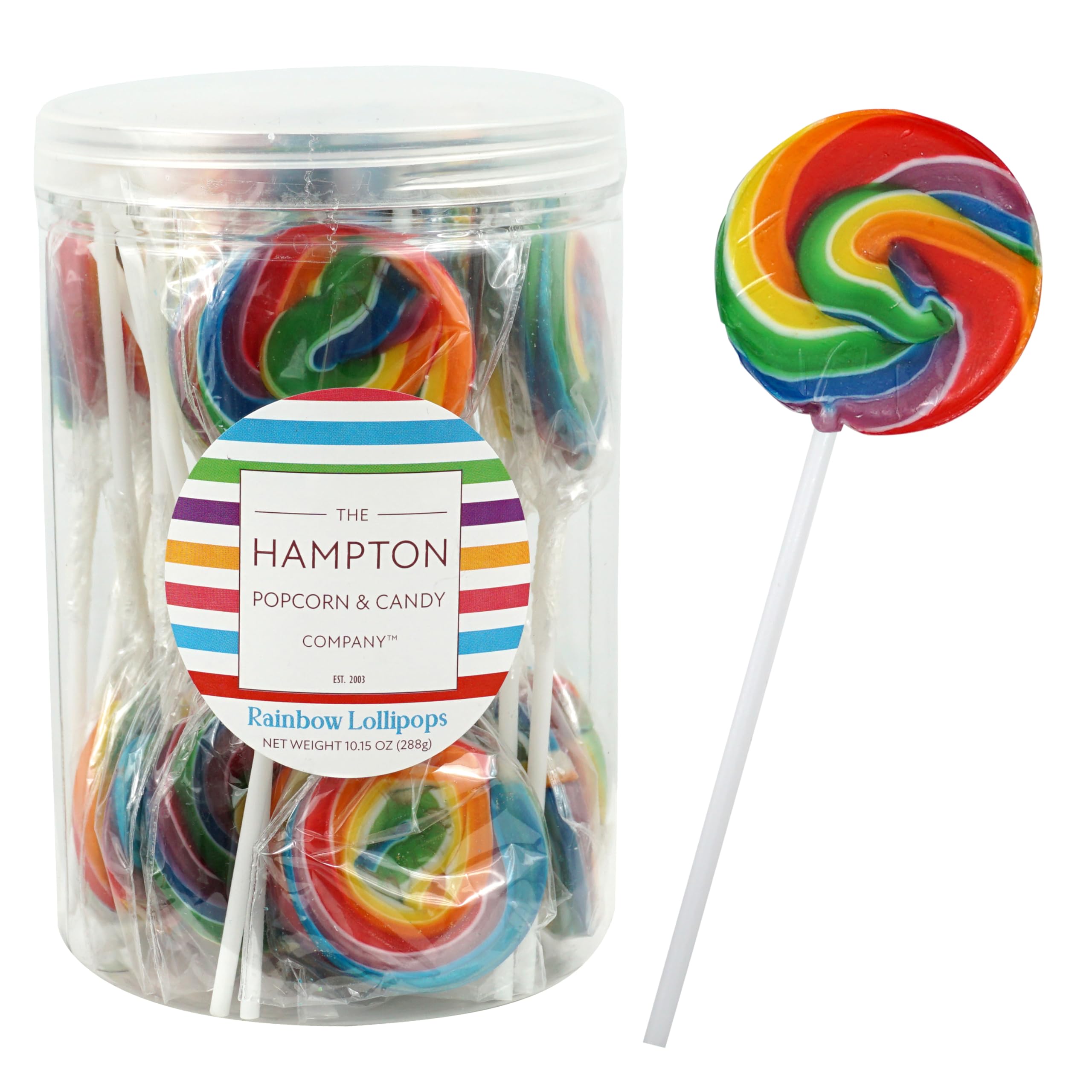 The Hampton Rainbow Swirl Lollipops on a sturdy stick, ideal for party favors