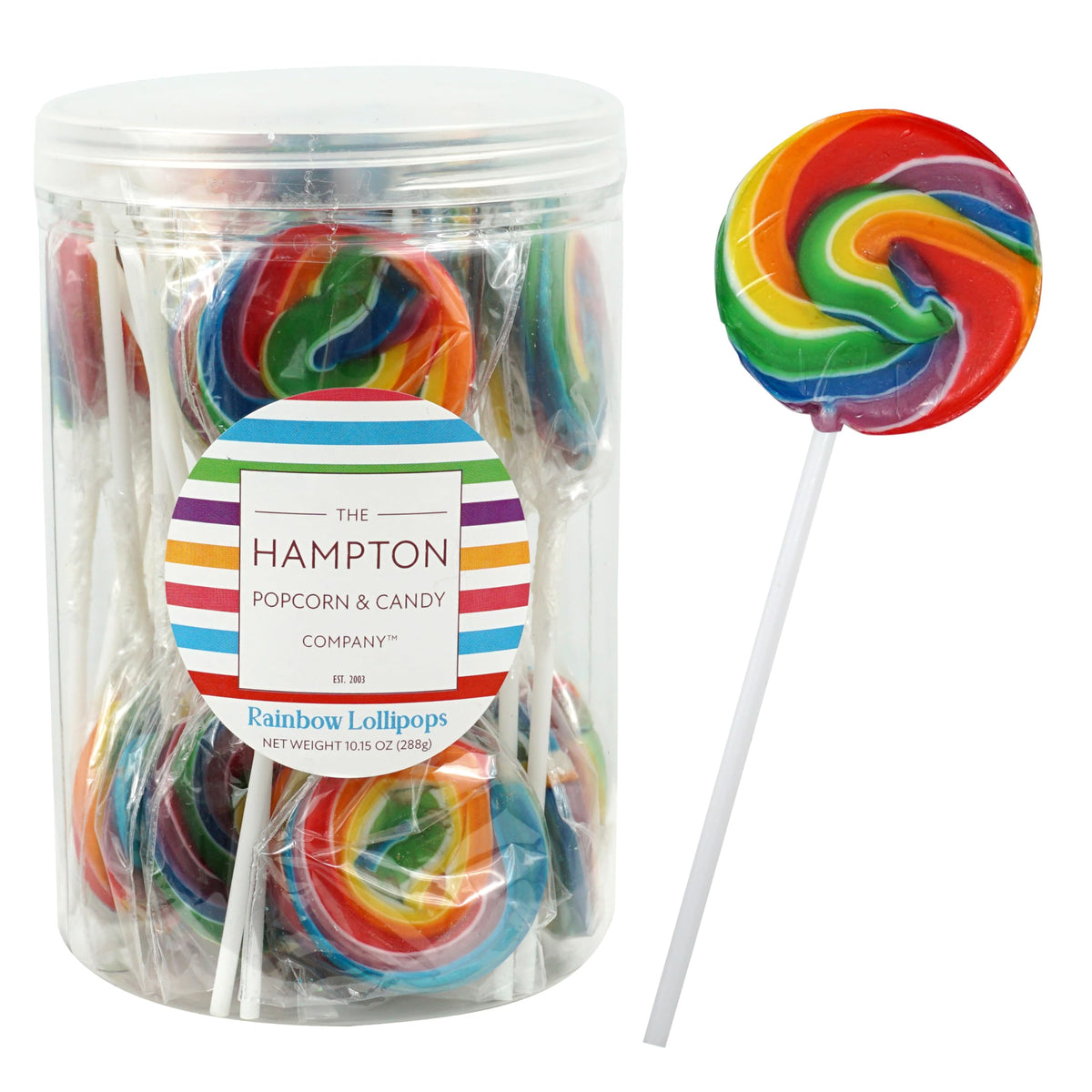 The Hampton Rainbow Swirl Lollipops on a sturdy stick, ideal for party favors
