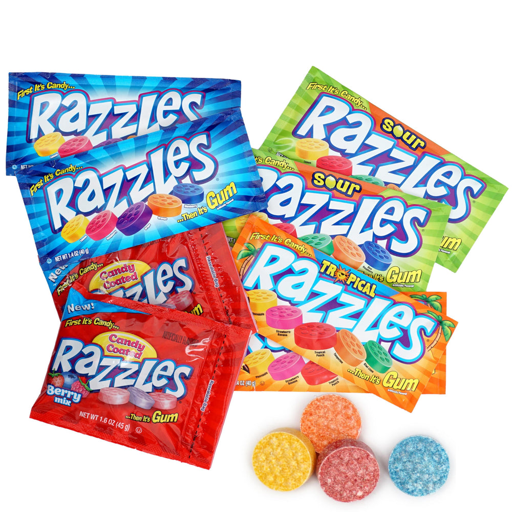 Razzles Berry flavor closeup showing colorful candy shell and chewy center for flavor curiosity.