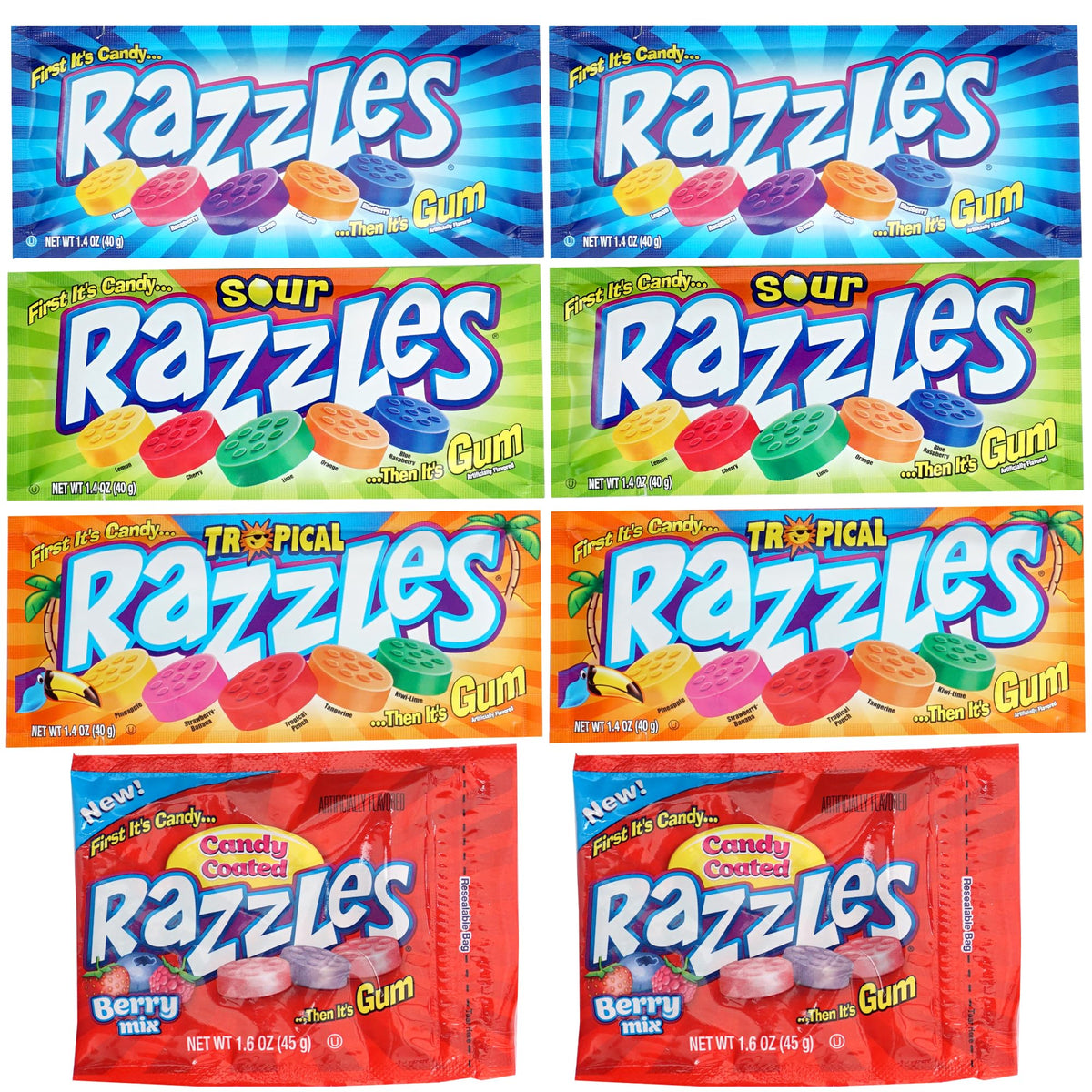 The Hampton Candy Company Razzles 8-pack variety display for sharing and tastings.