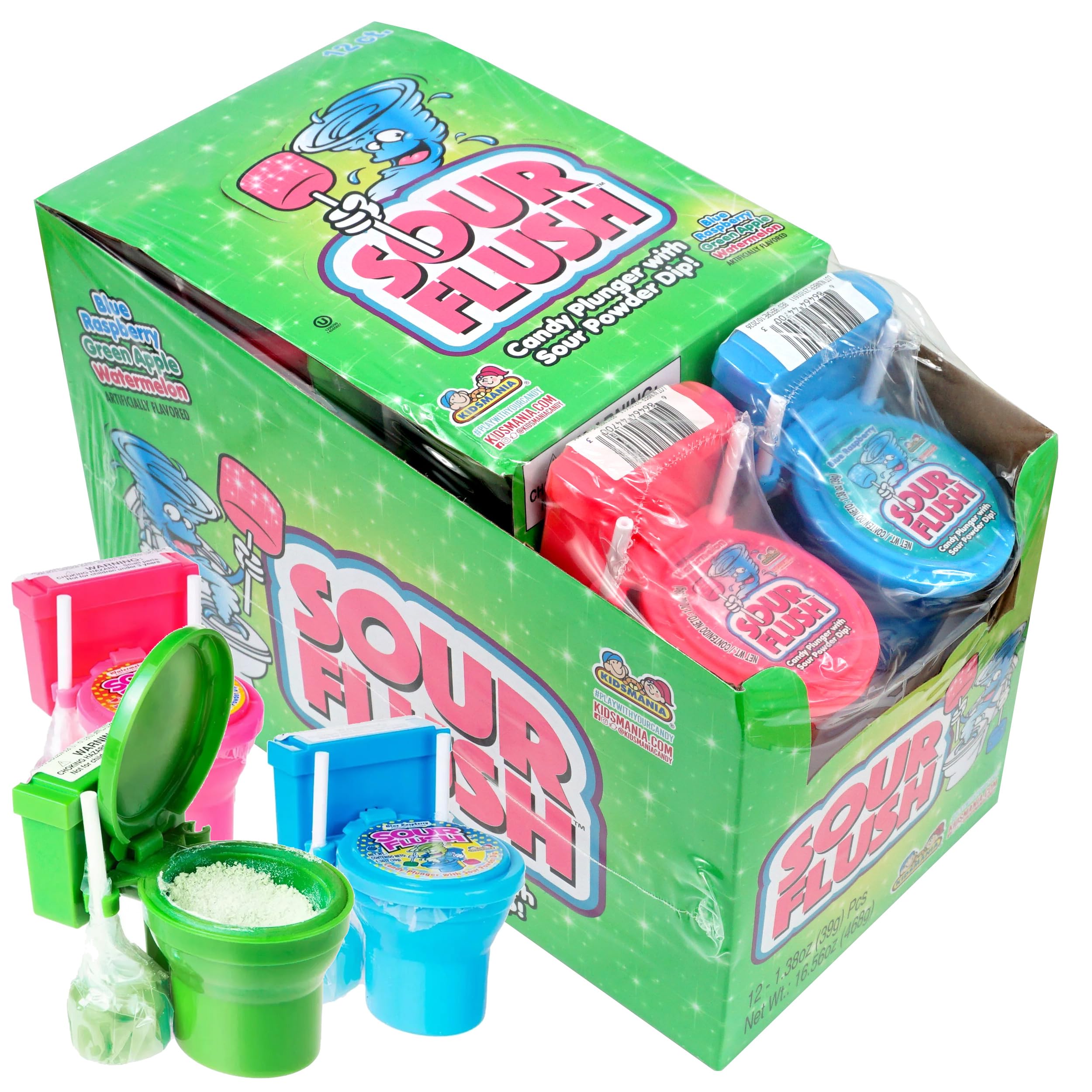 The Hampton Sour Flush 12-pack toilet candy displayed in a playful toilet container for parties.