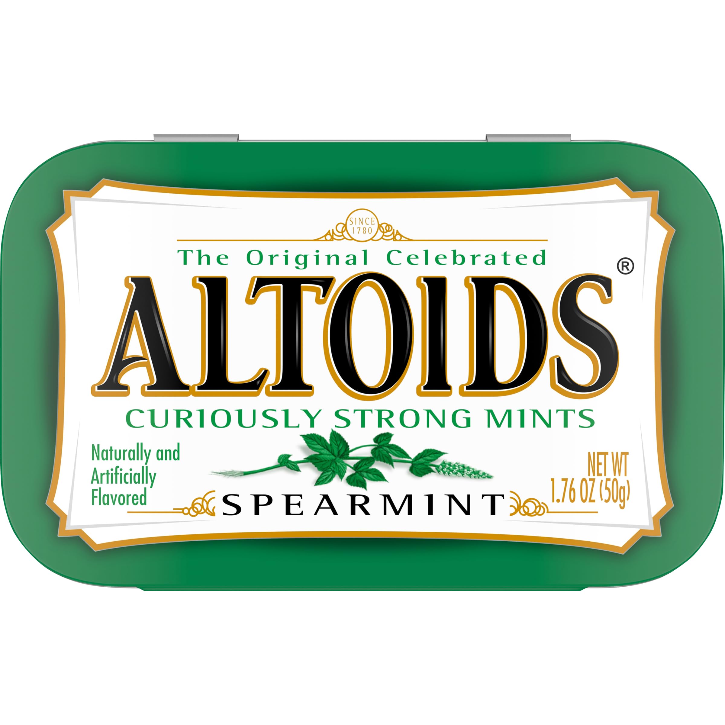 Close-up of Spearmint Curiously Strong Mints highlighting cool flavor.