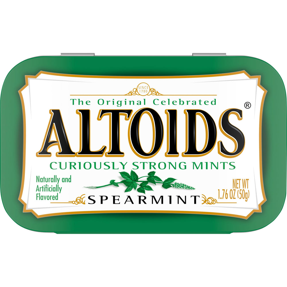 Close-up of Spearmint Curiously Strong Mints highlighting cool flavor.