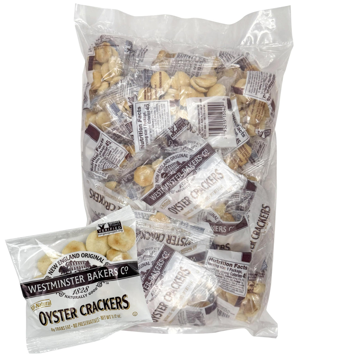 Box of The Hampton Westminster Oyster Crackers with crisp discs, ideal for soups.