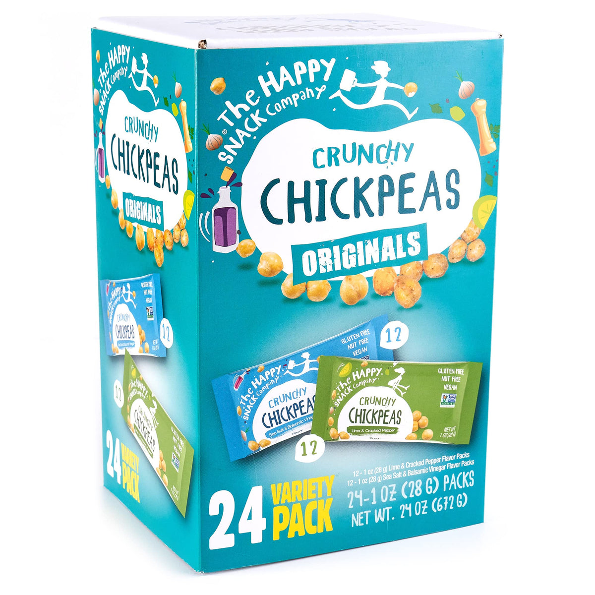 The Happy Snack Company sea salt balsamic chickpeas in a bag for on-the-go snacking.