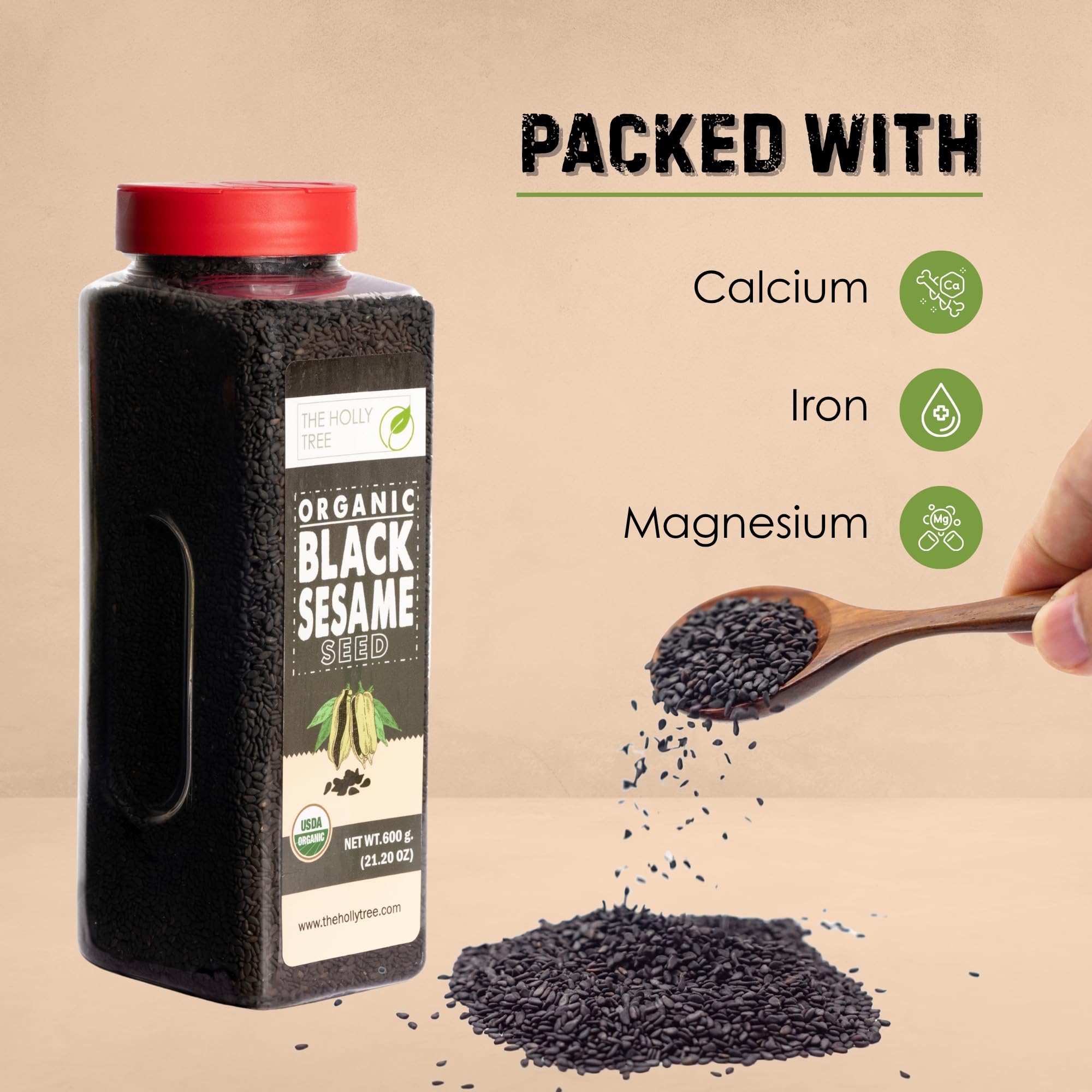 Pouring The Holly Tree black sesame seeds to showcase texture and aroma