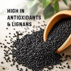 Lightly toasted The Holly Tree black sesame seeds releasing deep flavor