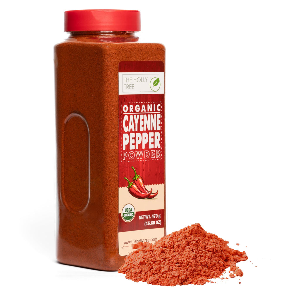 The Holly Tree Organic Cayenne Pepper Powder bottle front adds bold heat to dishes.