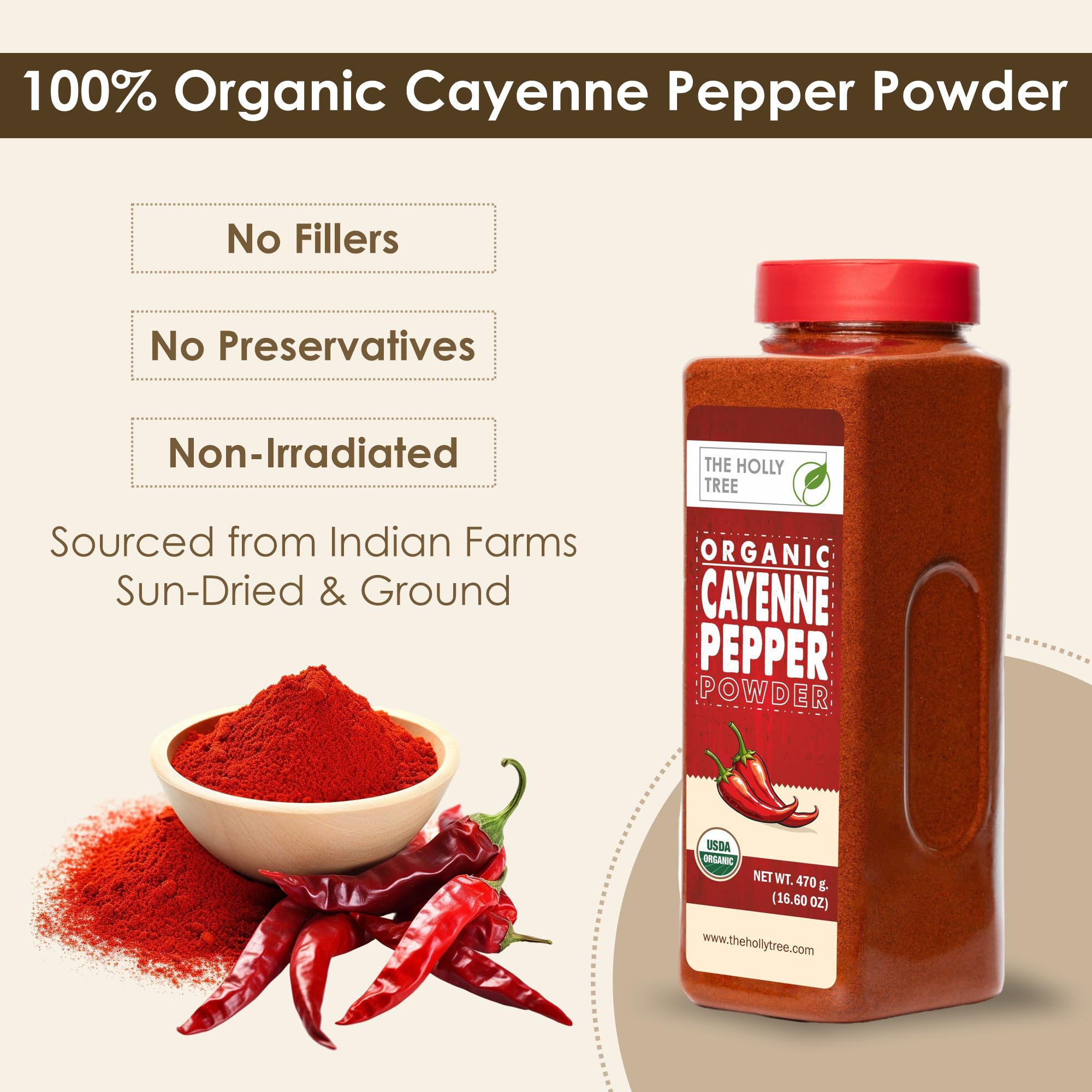 The Holly Tree Cayenne Pepper Powder closeup shows texture for precise seasoning.