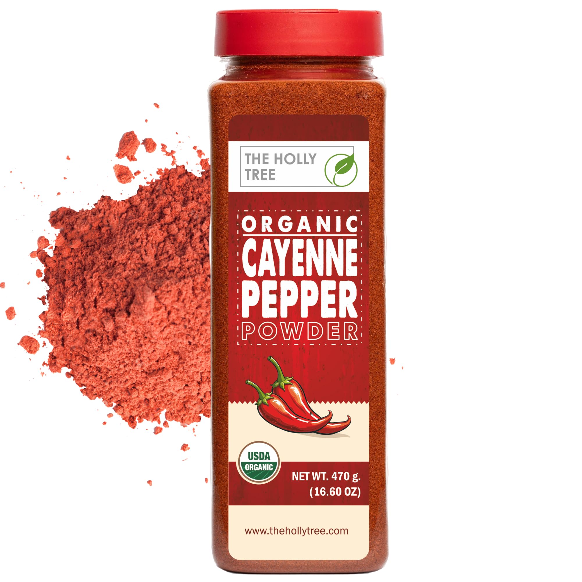 The Holly Tree Organic Cayenne Pepper Powder label close-up signals premium spice quality.