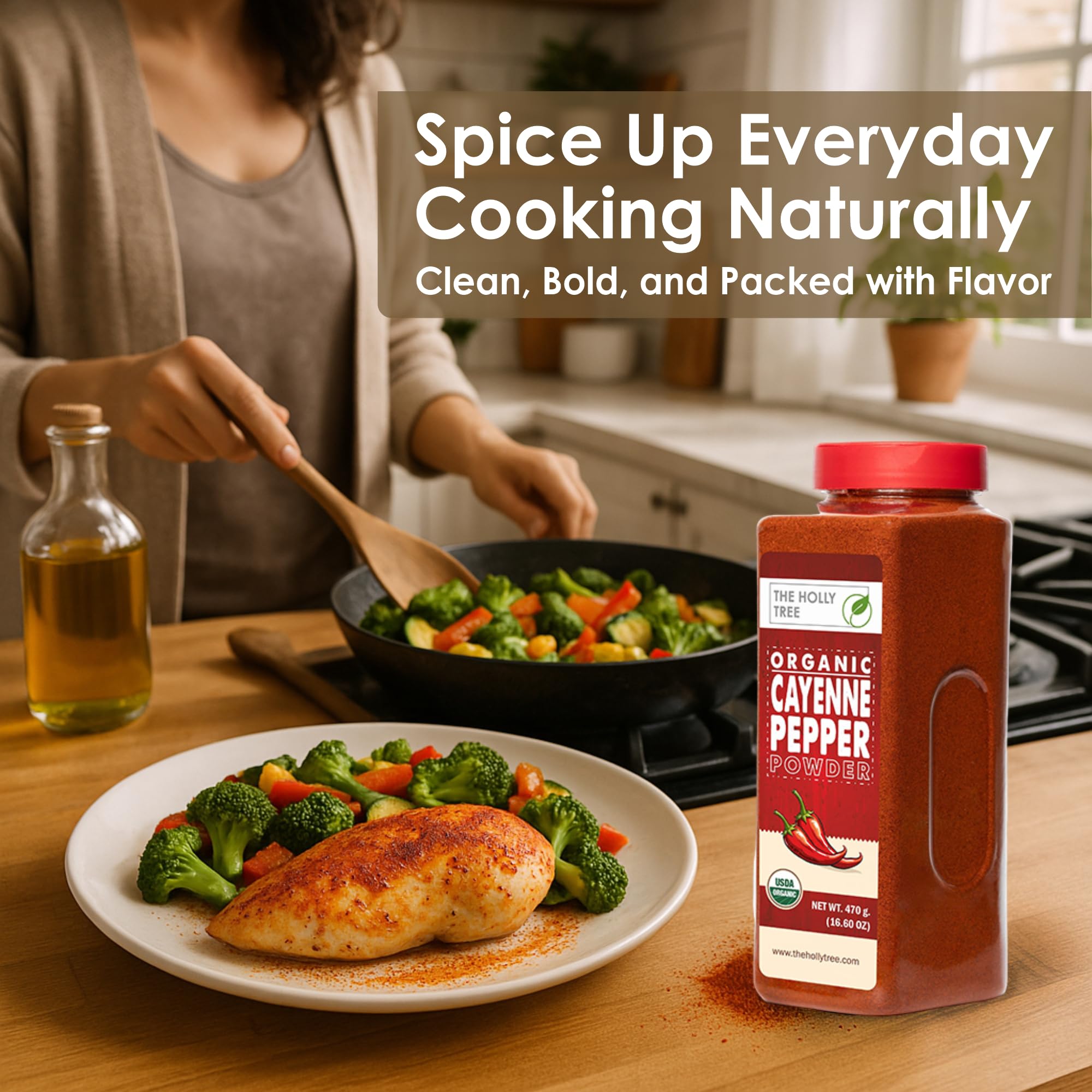 The Holly Tree Organic Cayenne Pepper Powder poured over pasta for vibrant heat.