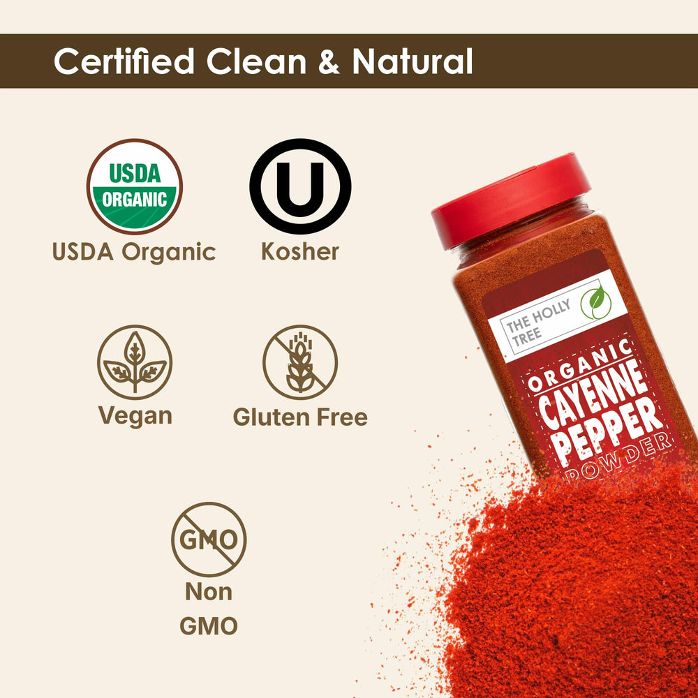 The Holly Tree Organic Cayenne Pepper Powder being spooned for quick heat and flavor.