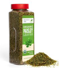 The Holly Tree Organic Parsley Flakes bottle close-up showing fresh herb flavor for cooking