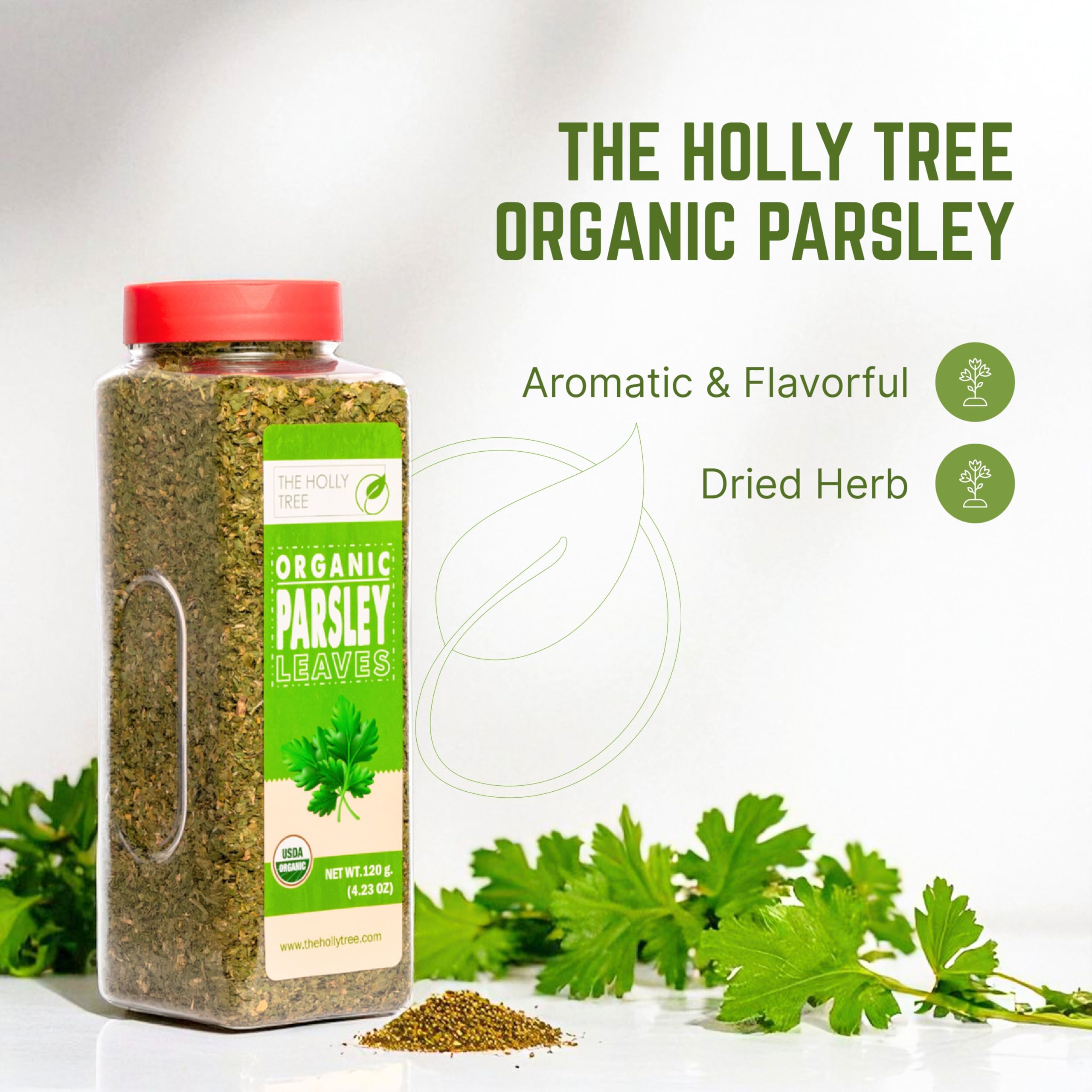 The Holly Tree parsley flakes dried jar close-up with vibrant green flakes
