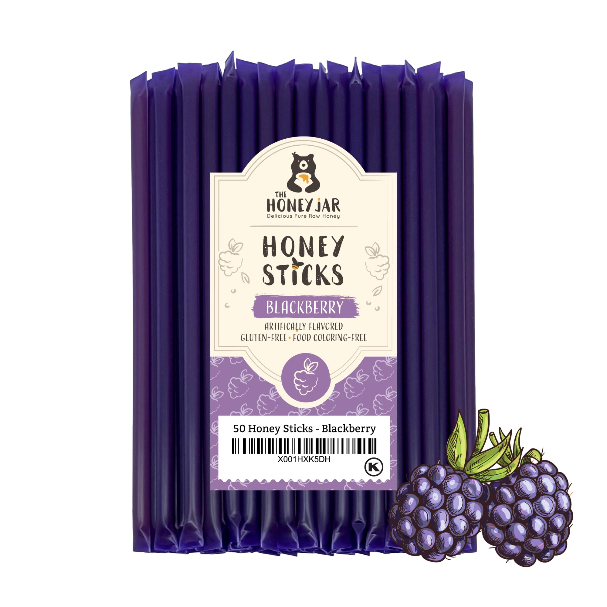 The Honey Jar blackberry-flavored honey stick bottle pour for tea or coffee.