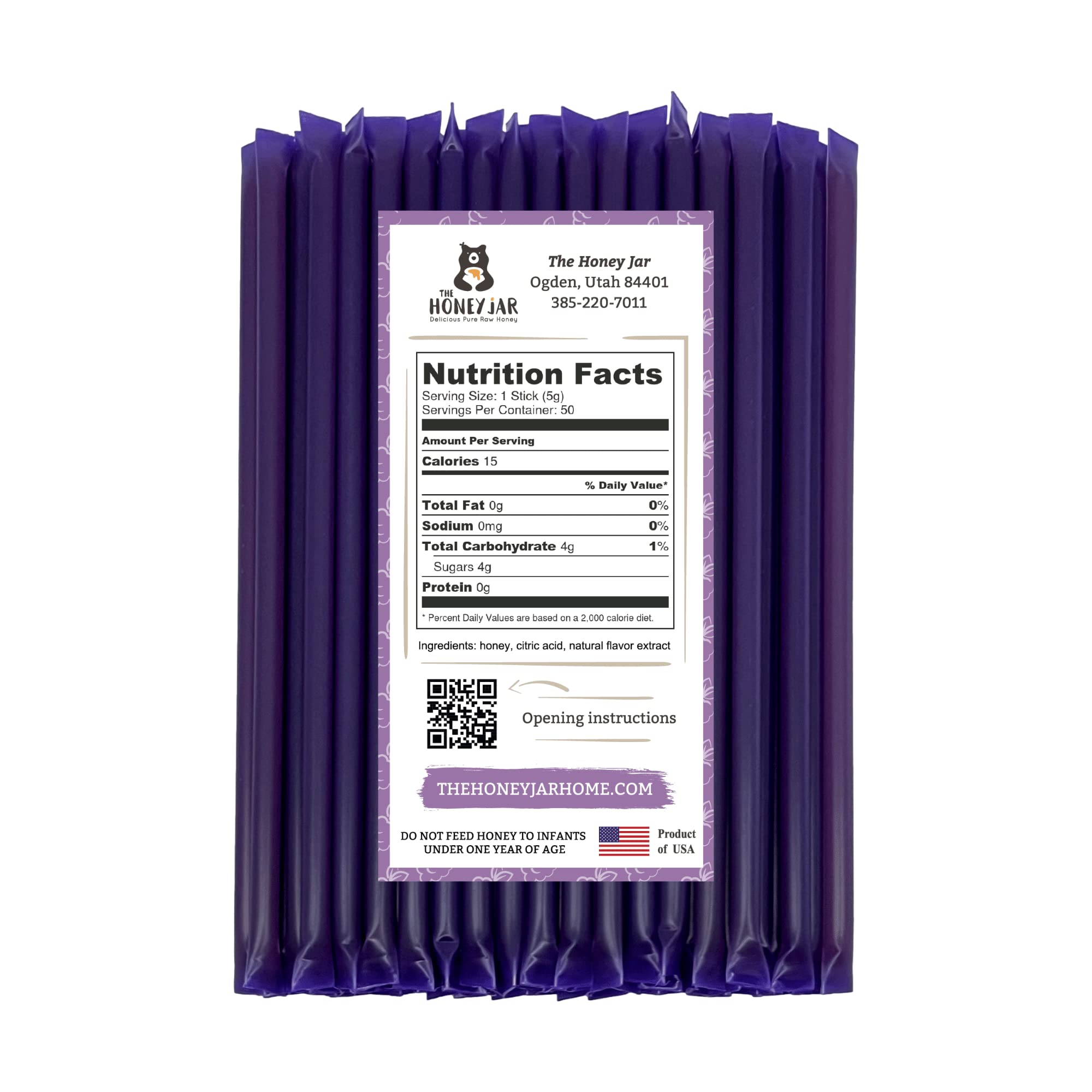The Honey Jar blackberry honey stick packaging showing BPA-free single-serve design.