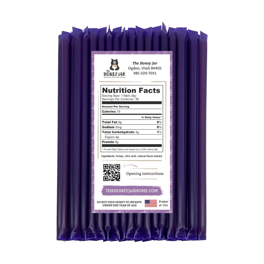 The Honey Jar blackberry honey stick packaging showing BPA-free single-serve design.