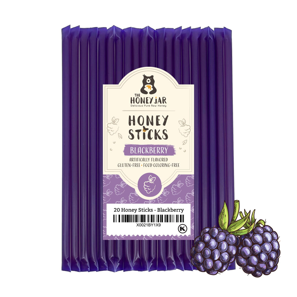 The Honey Jar blackberry honey sticks packaging highlights premium local honey.