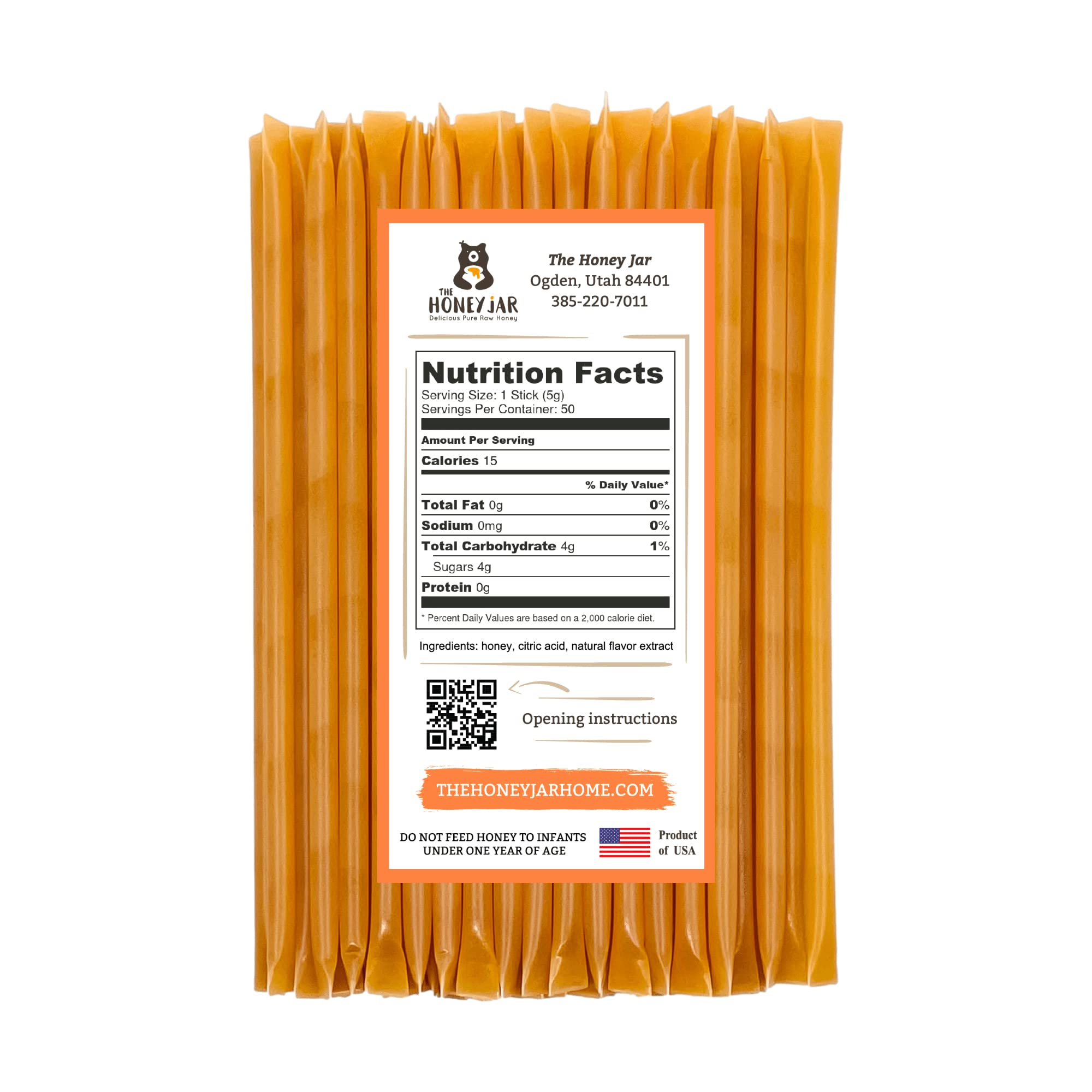 The Honey Jar Peach Flavored Honey Sticks tea-ready display, adds natural sweetness to beverages