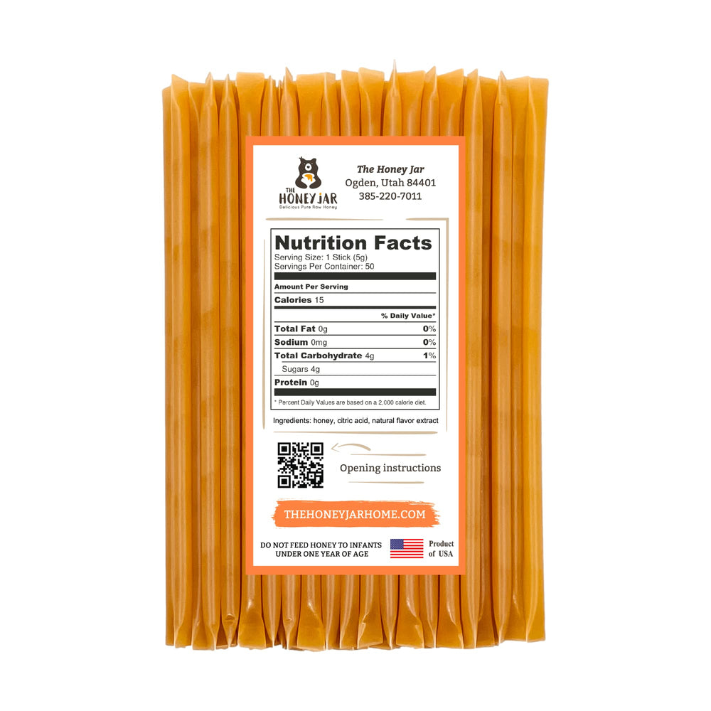 The Honey Jar Peach Flavored Honey Sticks tea-ready display, adds natural sweetness to beverages
