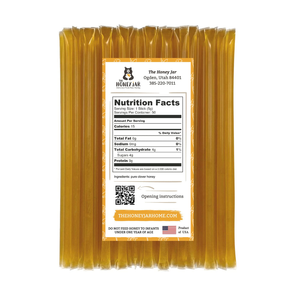 The Honey Jar Plain Honey Sticks close-up reveals real honey drizzle for natural sweetness.