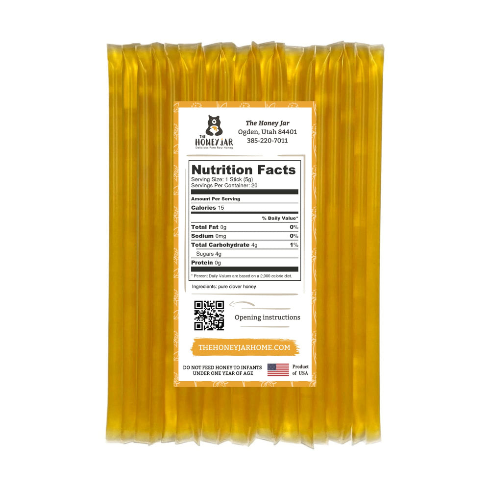 The Honey Jar plain honey sticks opening-pack ready for quick tea or coffee sweetening.