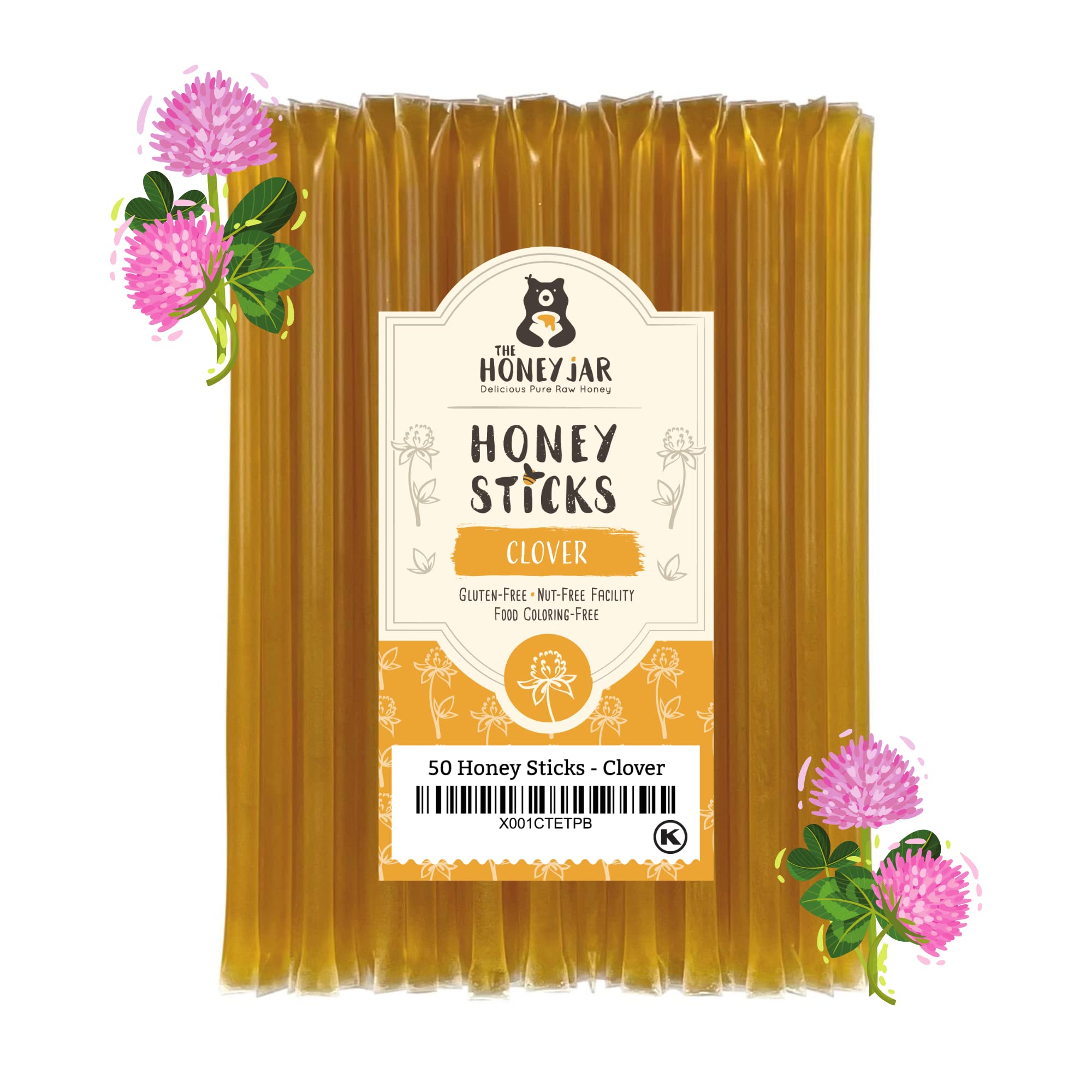 The Honey Jar Plain Honey Sticks box highlights convenient 50-count packaging for on-the-go sweetness.