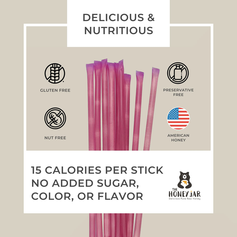 The Honey Jar Raspberry honey sticks in BPA-free packaging on display.