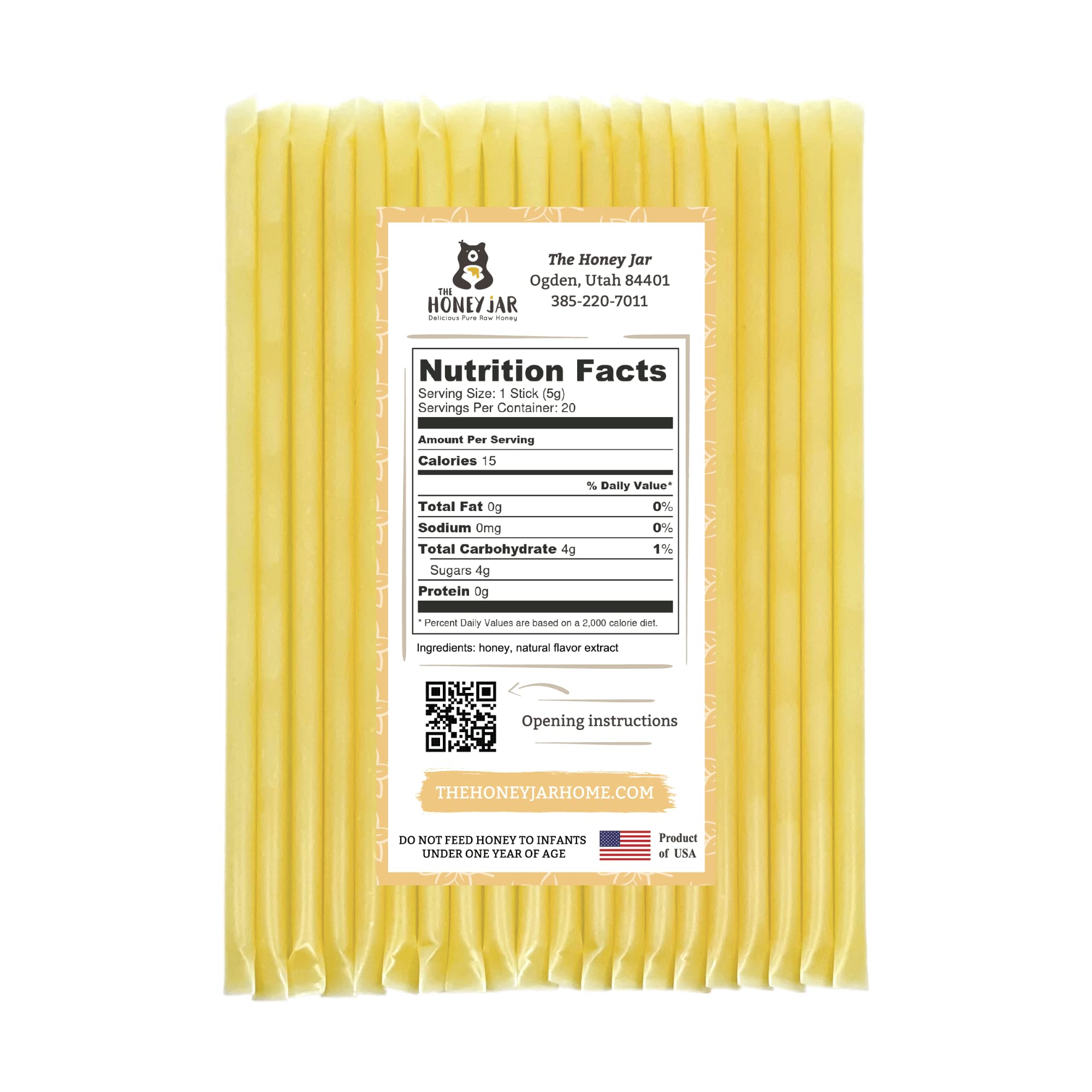 The Honey Jar vanilla flavored honey sticks ingredients label showing pure clover honey