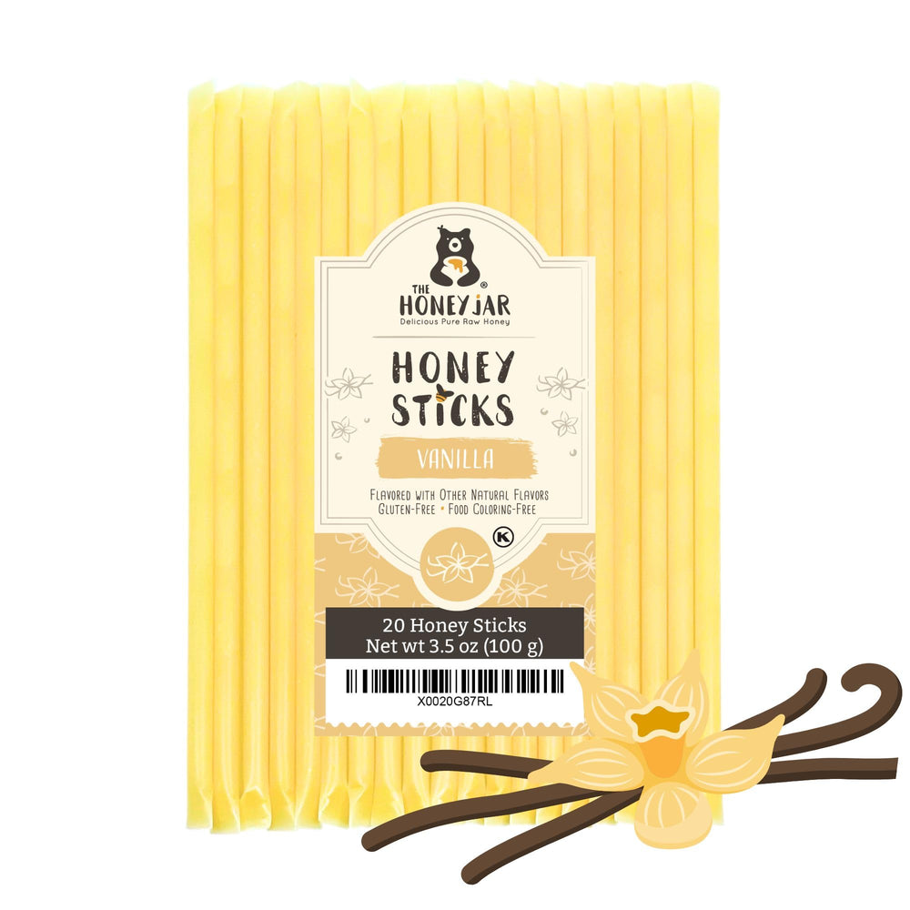 The Honey Jar vanilla flavored honey sticks pack, premium local honey