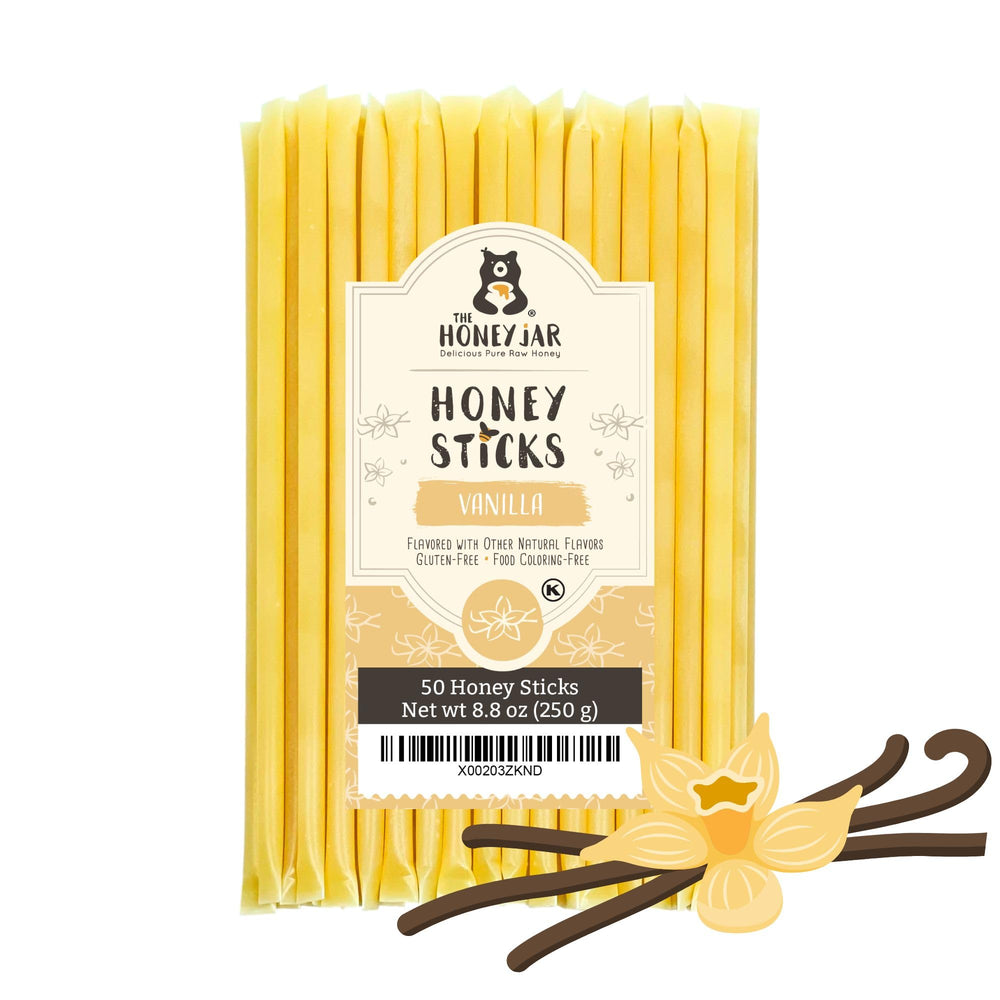 The Honey Jar vanilla flavored honey sticks in packaging, ideal for on-the-go sweetness.
