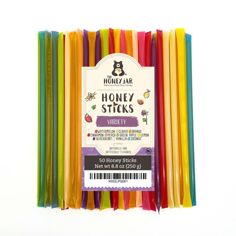 The Honey Jar honey sticks 50-count packaging display, pure honey for quick sweetness