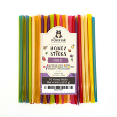 The Honey Jar honey sticks 50-count packaging display, pure honey for quick sweetness