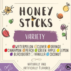 The Honey Jar sticks close-up of pure clover honey, BPA-free packaging