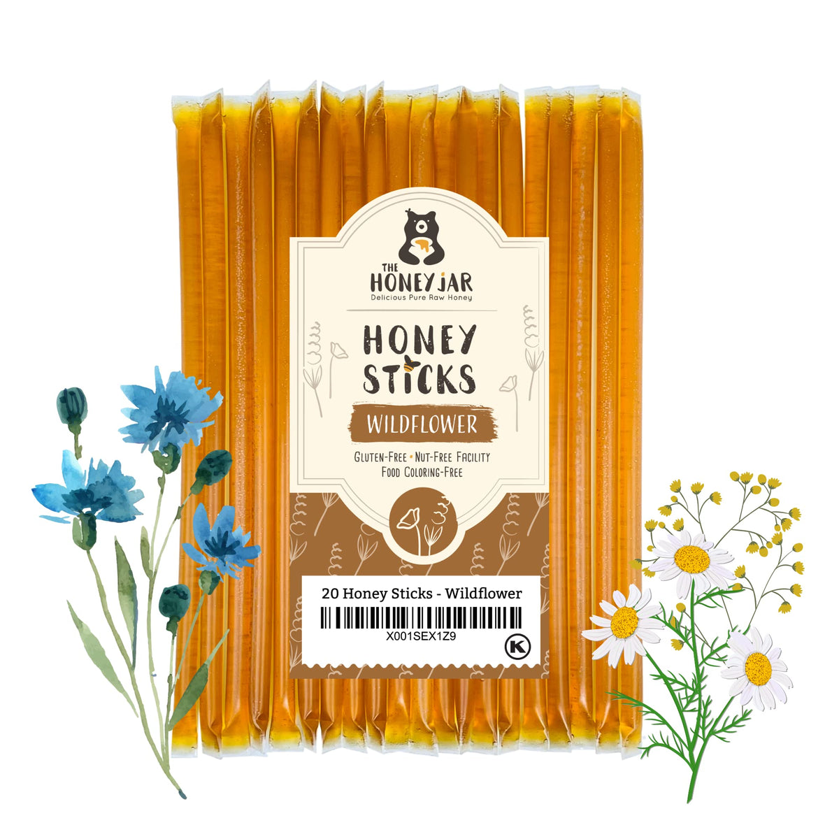 The Honey Jar Wildflower Honey Sticks pack ready to grab-and-go for tea and coffee.