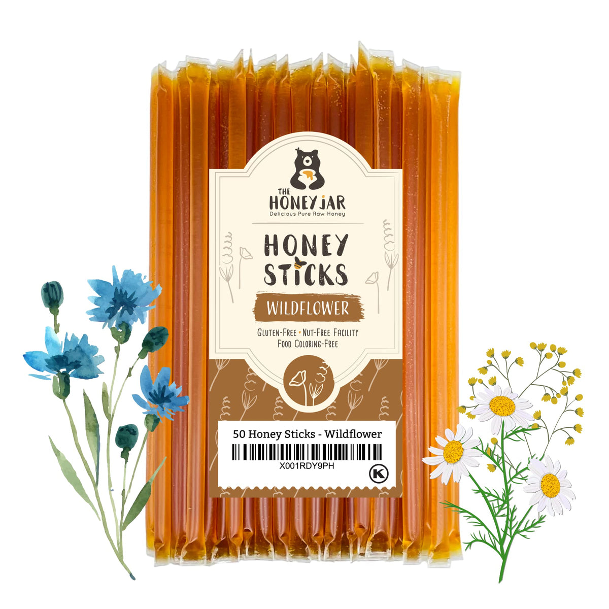 The Honey Jar wildflower honey sticks packaging highlights premium local honey for on-the-go flavor.