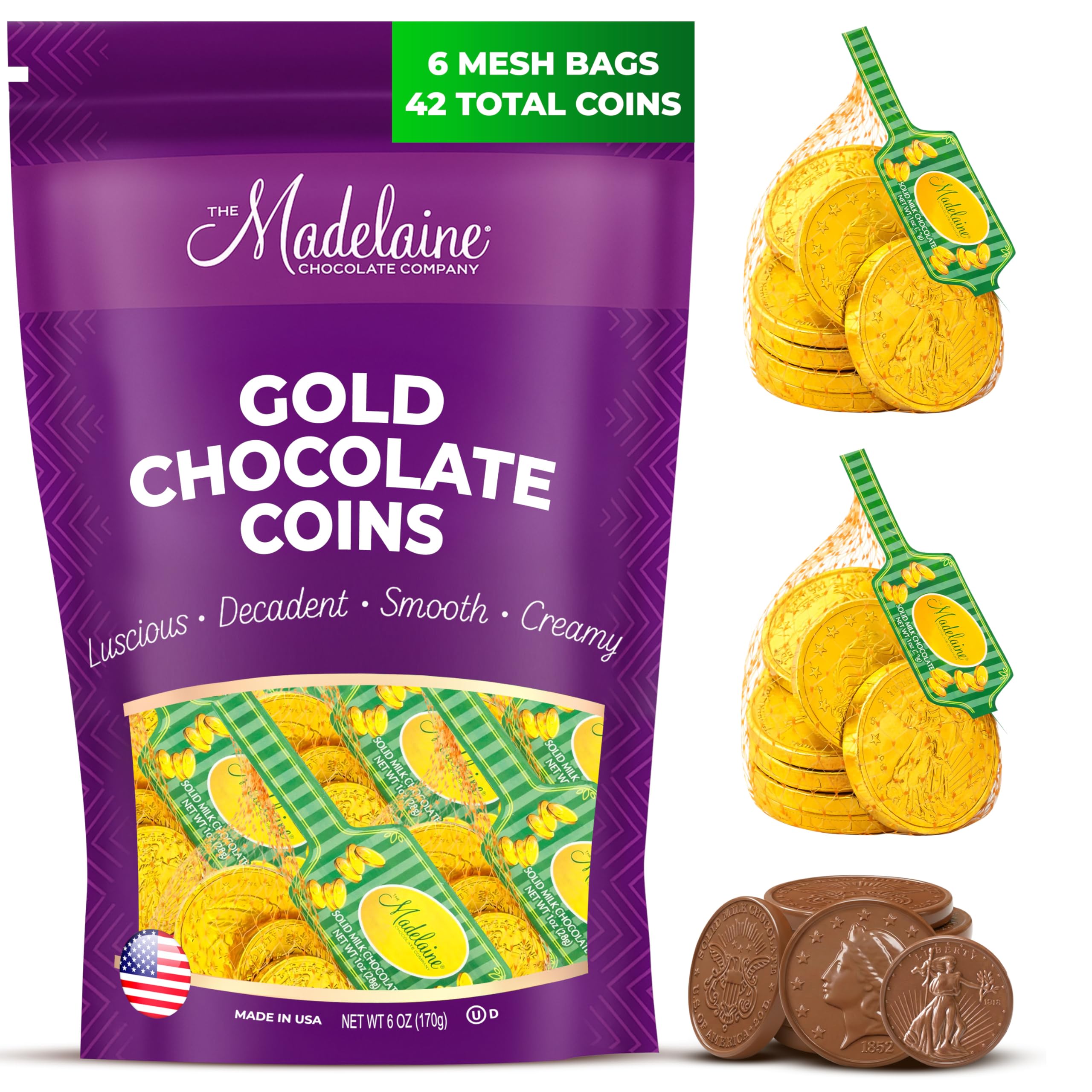 The Madelaine Chocolate Co premium milk coins in packaging for elegant gifting.