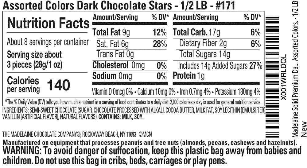 Madelaine Dark Chocolate Stars with colorful festive wraps for seasonal candy bowls