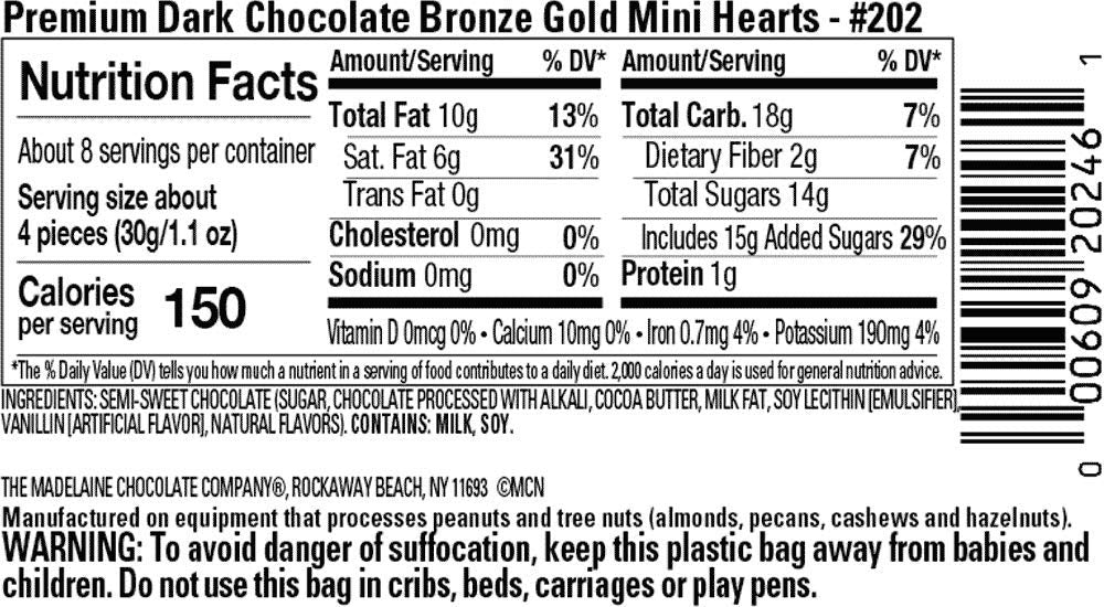 THE MADELAINE CHOCOLATE COMPANY embossed bronze-gold foil wrap on heart, elegant Valentine's presentation.