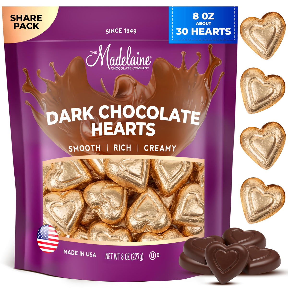THE MADELAINE CHOCOLATE COMPANY dark chocolate mini heart in foil, ideal for gifting.