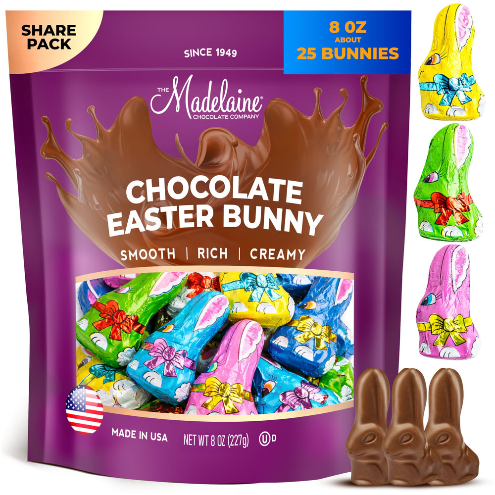 The Madelaine Chocolate Company Madelaine Easter bunny wrapped in color foil for gifting.