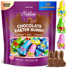 The Madelaine Chocolate Company Madelaine Easter bunny wrapped in color foil for gifting.