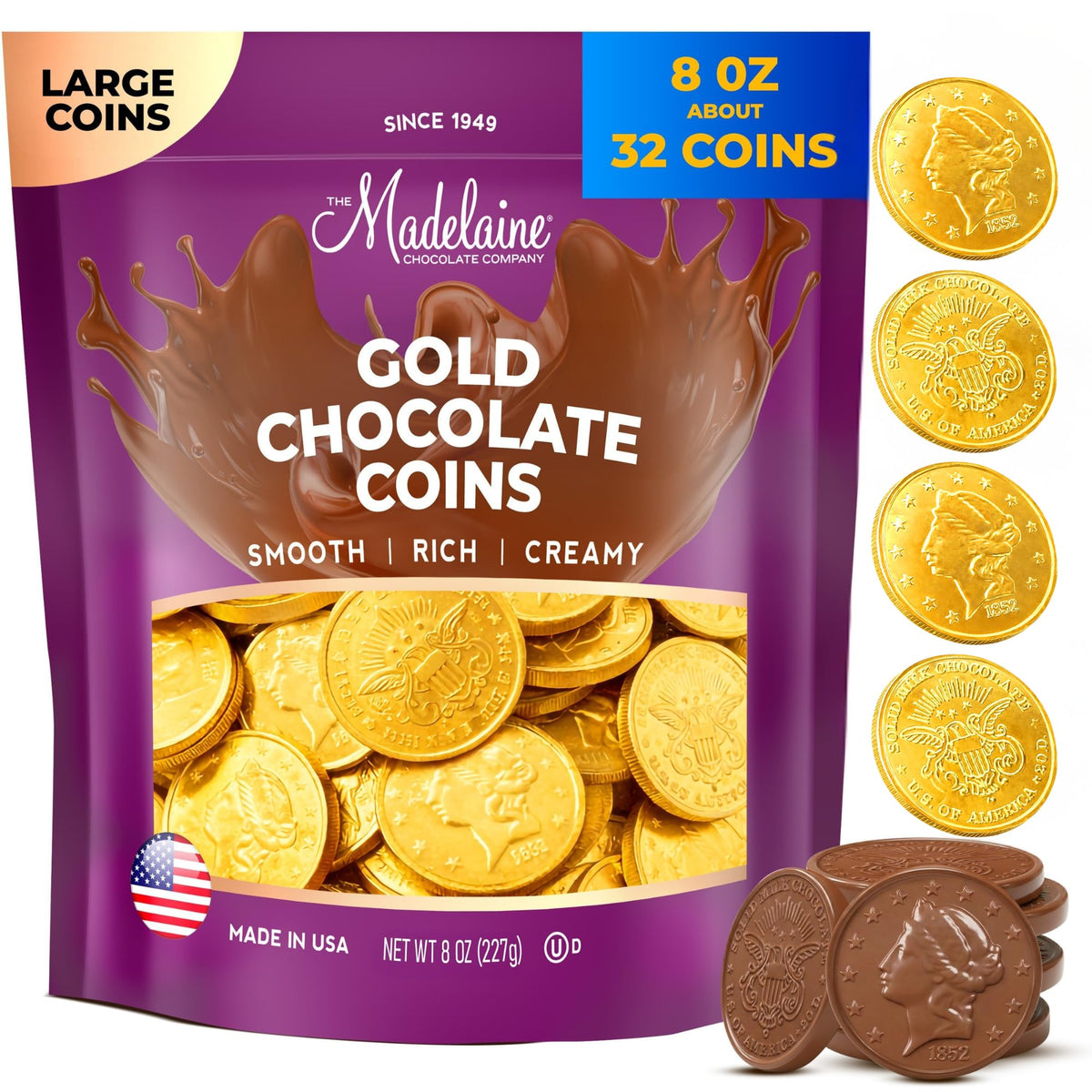 The Madelaine Chocolate Company Madelaine Milk Gold Coins in foil, premium feel for party favors.