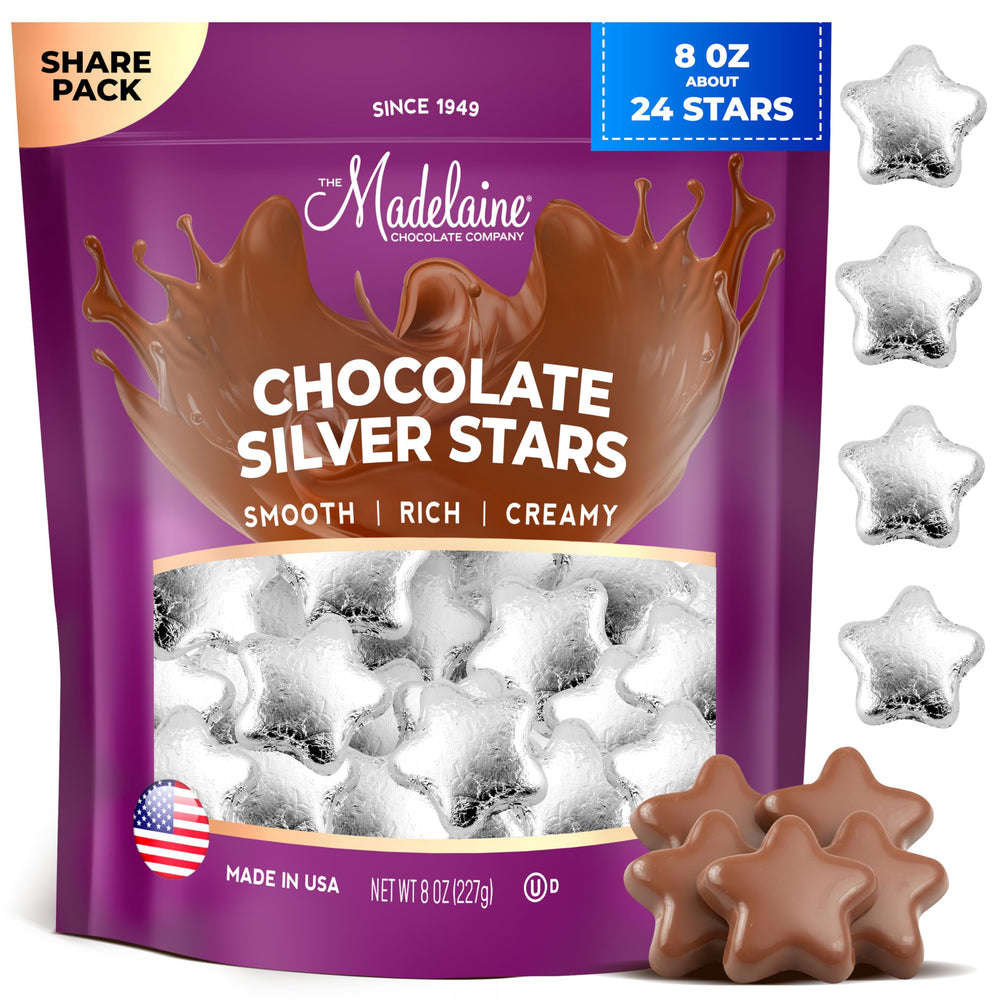 The Madeleine Chocolate Company Madelaine Silver Stars bag ready for festive celebrations