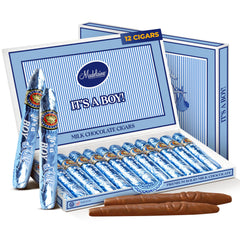 The Madeleine solid milk chocolate cigar in blue foil box for baby shower favors.