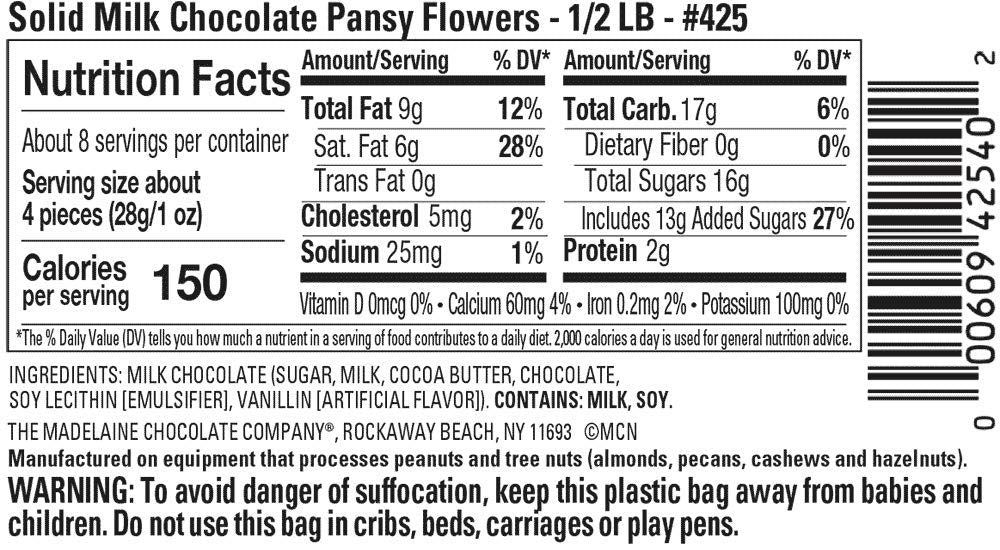 Madelaine pansy milk chocolate close-up showing premium center and creamy finish.