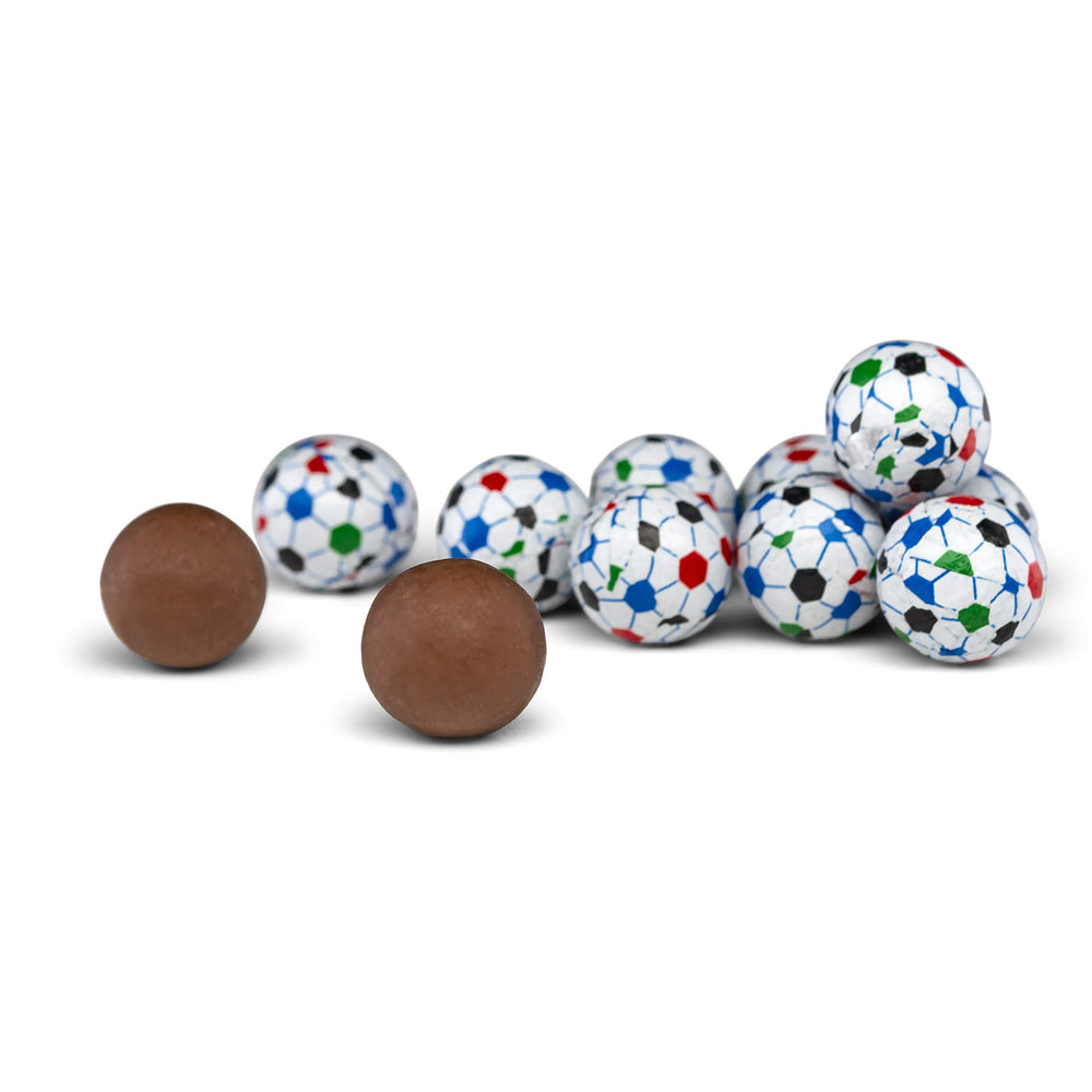 The Madelaine Chocolate Company party favor idea displayed with chocolate soccer balls.
