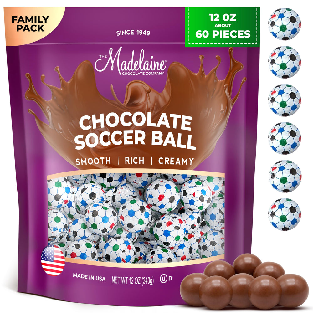 The Madelaine Chocolate Company soccer balls close-up showing creamy milk chocolate in sporty wrappers.