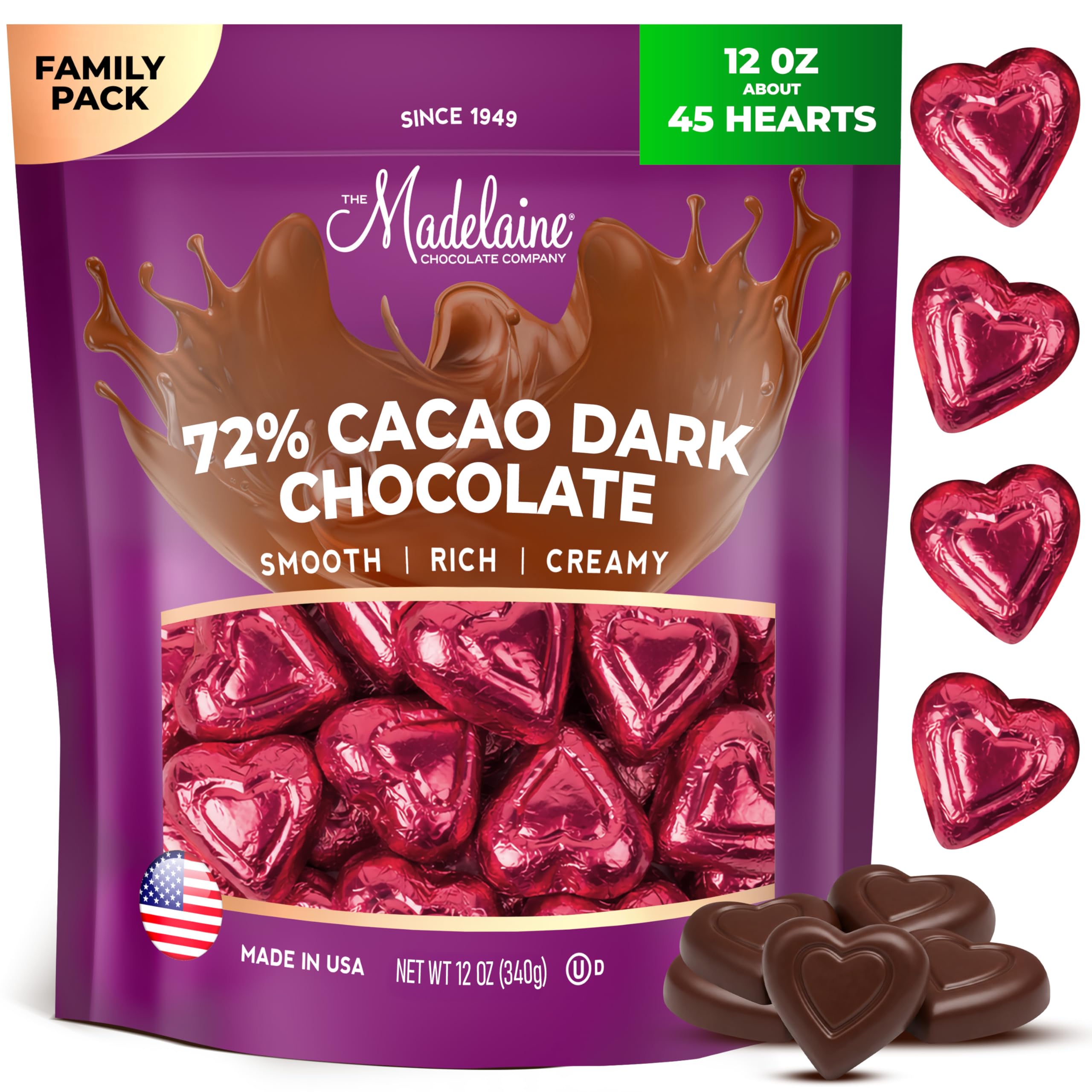 The Madelaine dark chocolate mini hearts in burgundy foil for romantic gifting